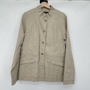 Eileen Fisher Beige Utility Jacket Large Stand Collar Cotton Lyocell Lightweight